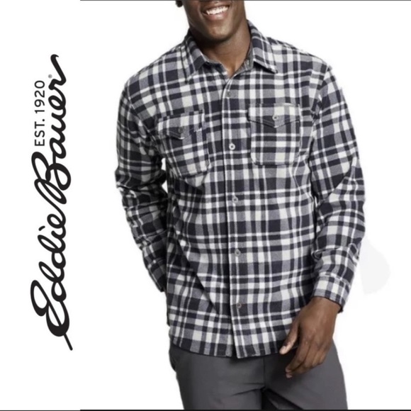 1970'S Eddie Bauer Black Tag Long-Sleeve Flannel Check Shirt, Made in USA, Men's Size M (Equivalent), Vintage cotton gray type Vintage Second Hand